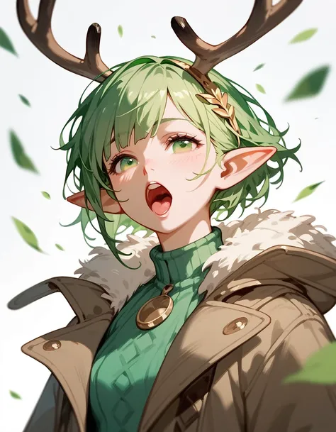 Sister Elf, short green hair, corky hair, little deer antlers, grinning back, mouth open, hard belly, coat