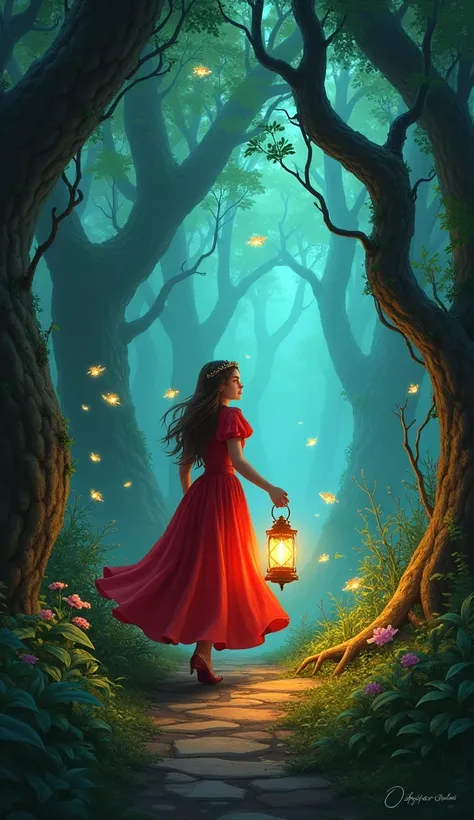 Princess Elara’s Journey into the Forest: "Princess Elara walking courageously into the heart of a dense enchanted forest. The forest is alive with strange, glowing creatures, winding vines, and towering trees with thick branches. Elara holds a lantern, ca...