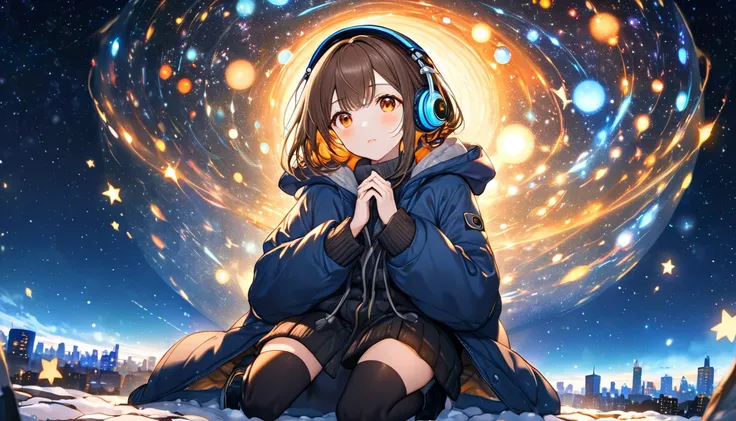 background： sky full of stars、 on a large hill with small city lights in the distance。  
expression：Close your eyes、穏やかな祈りのexpression。  
Costume： duffle coat and boots 。  
 pose：On my knees、 hands lightly crossed in front of her chest 。  
scene：( brown-hai...