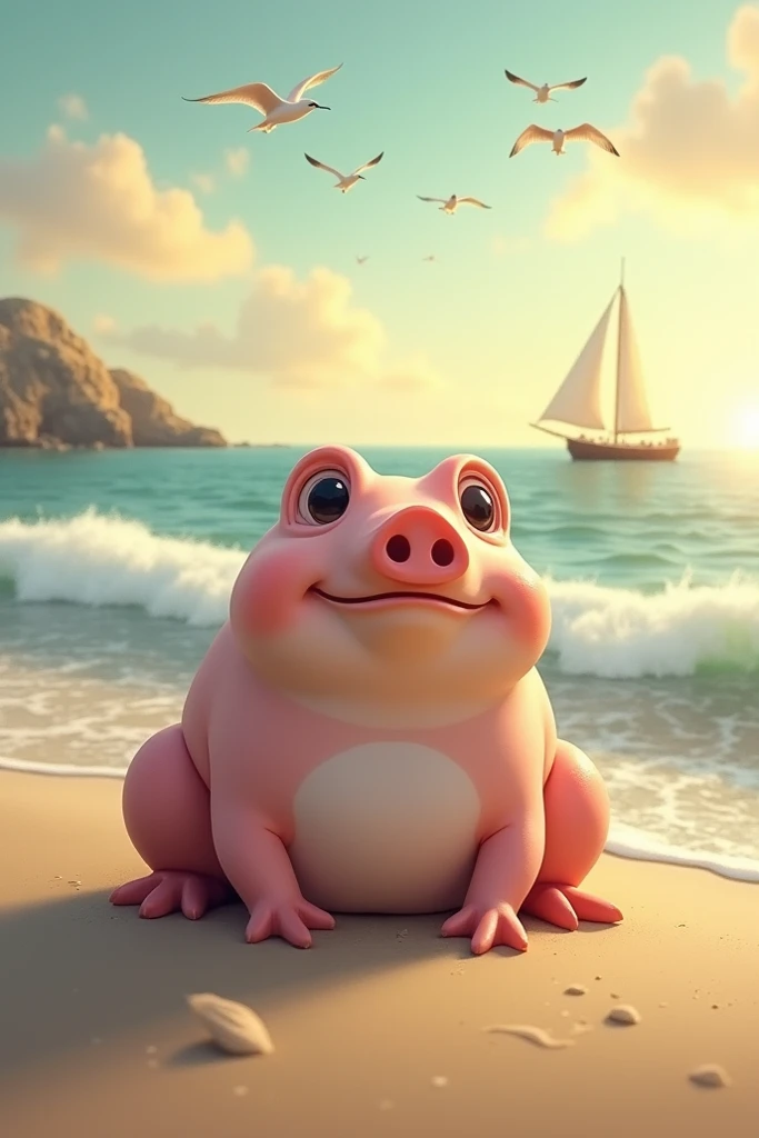  Generate the realistic fusion of a frog and a cute pig. At the seaside  