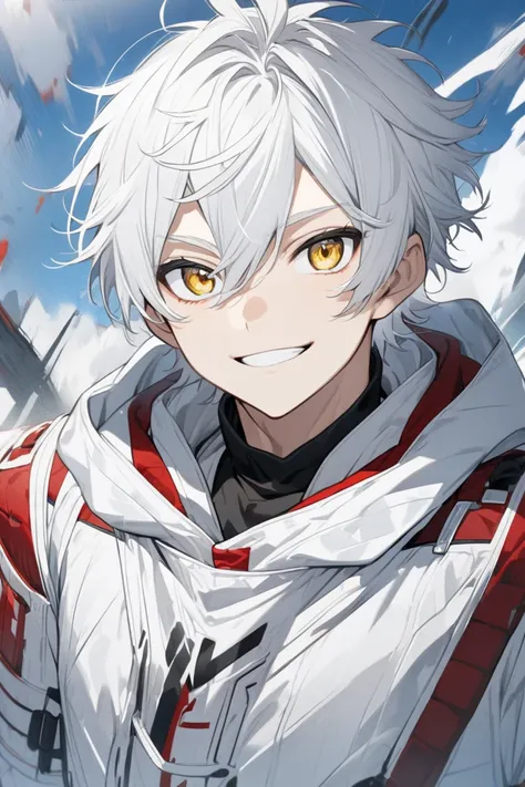 Anime Men White Hair Gold Eyes Black And Red White Hoodie Smiling Solo Best Quality 