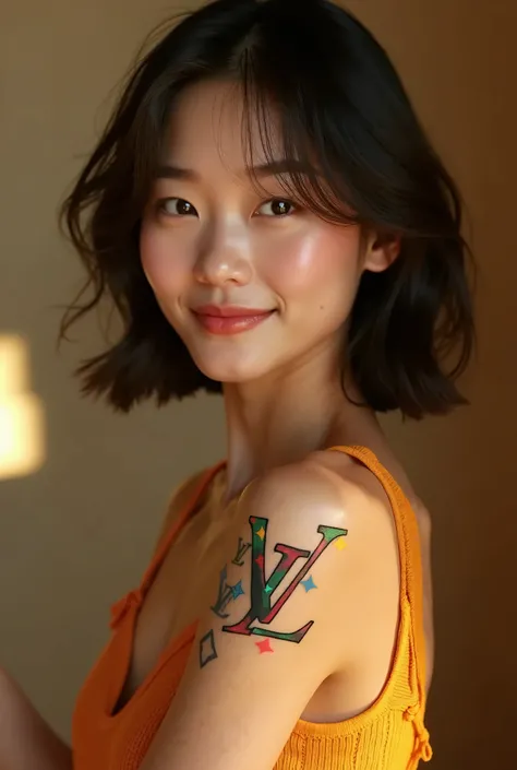 A young Japanese woman, 20 years old, stands confidently with a radiant smile, showcasing her flawless, porcelain skin. The official Louis Vuitton logo is intricately tattooed on her bare shoulder, a vibrant, colorful representation of the iconic monogram ...