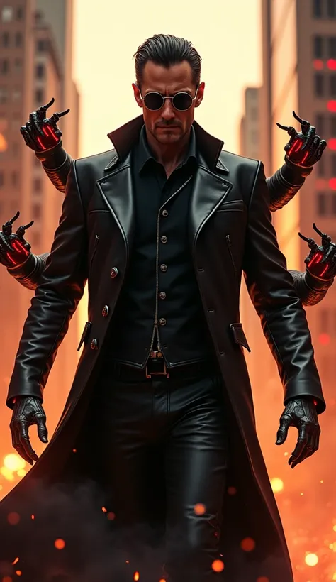 A powerful scientist villain with four highly detailed mechanical arms, seen from the front in a commanding pose. He is wearing a long black leather coat, open at the front to reveal a high-tech suit underneath. The mechanical arms extend from his back, ma...