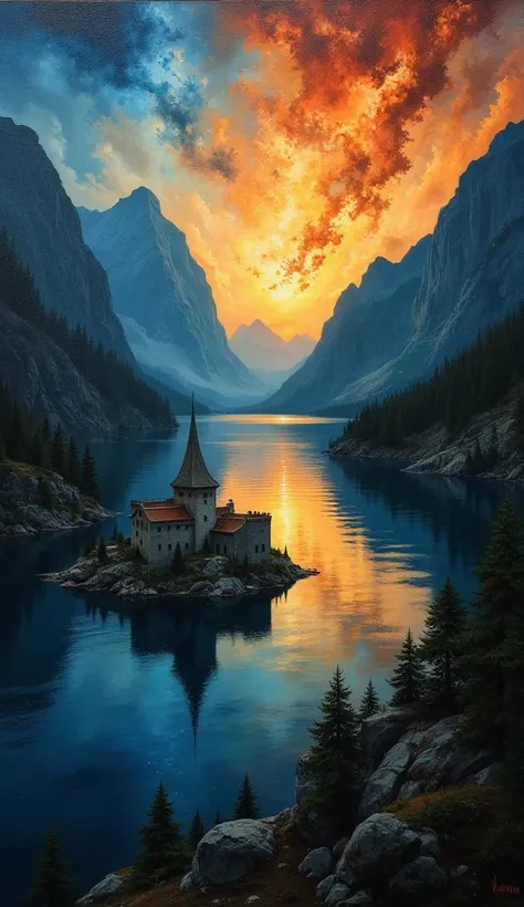 oil painting with hard brush on canvas, fantasy art, Tranquil great Lake in the middle of mountainsm, small rocky island in the moddle of lake, on the island stand A small fortress to which the only access is by boat crossing, fantasy elemental