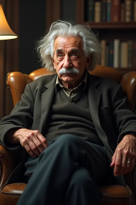 Albert Einstein in an armchair with a thoughtful look   