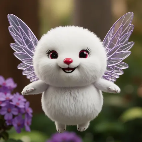 Lili Pom Flap is a little white ball of fur, with no body, legs or arms, just her head. She is very cute and smiling. It has beautiful transparent purple wings. His nose is pink and his eyes are red. Lili is dancing and smiling.