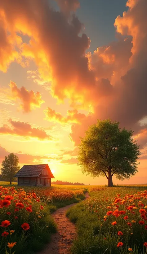 A serene countryside scene with a vivid, colorful sunset sky filled with dramatic orange and yellow clouds. The setting features a large tree with lush green foliage and a small rustic wooden house with a sloped roof in the distance. The foreground include...