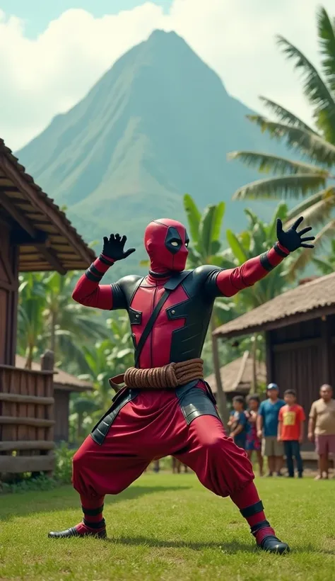 A retired deadpool, now a pencak silat instructor, trains young villagers in a grassy courtyard surrounded by traditional wooden houses. Wearing a combination of their old uniform and a traditional batik belt, they demonstrate graceful yet powerful moves. ...