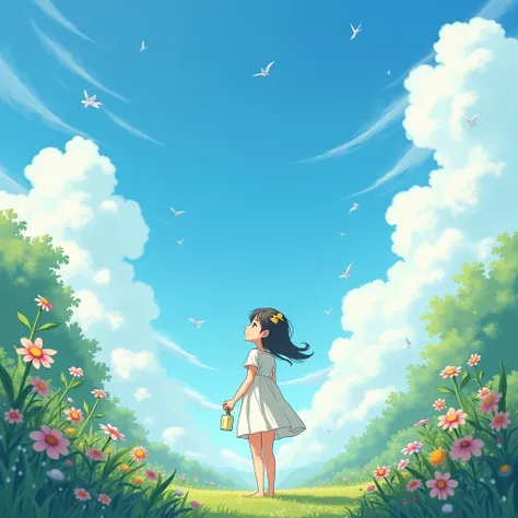 cute girl，Standing，Look up at the sky，In the garden，Blue sky and white clouds，Hand hold perfume