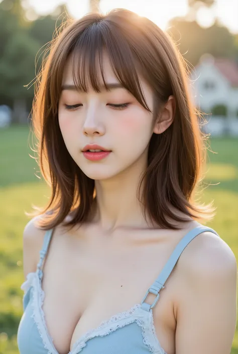 A 25-year-old Japanese woman with a cute and endearing expression, her eyes closed and lips slightly pouted, exudes a soft and romantic charm as she stands in front of a softly focused evening park background, the warm glow of the setting sun casting a gen...