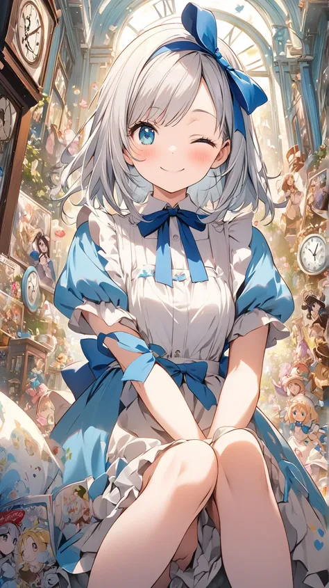 ( cute) Alice in Wonderland、 best quality 、heart、smile、beautiful、 Silver Hair、 winks( close one eye)、Ribbon on head( blue ribbon、Stand tall)、 Light Shines In 、beautifulな指、 Alice in Wonderland、 poster and magazine illustration effect, clock