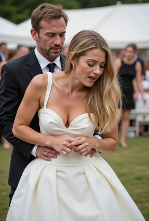 Woman, bride, bride dress, standing bent forward, engaged in sexual act, doggy style sex, man groom behind her, fucking her, grabbing waist, woman moaning in pleasure, wedding event background 