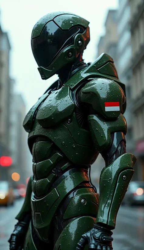 A diabolical 4D Render Futuristic soldier with advanced wet shiny armor, on the arm there is an Indonesian flag as a sign of friendship, weapons, and glass reflections on the helmet, dark camouflage green, streets, cloudy, reflection mapping, intricate des...