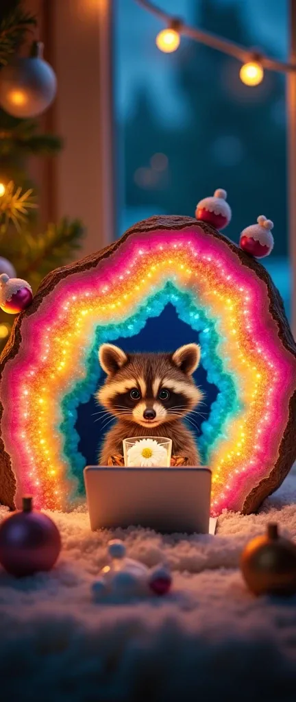 A photo of a cute, extra fluffy baby raccoon holding a glass with snow. The raccoon is peeking out from inside a huge rainbow geode and is stretching its hands towards a laptop with a single flower. The background is a night scene with retro garland, fir b...