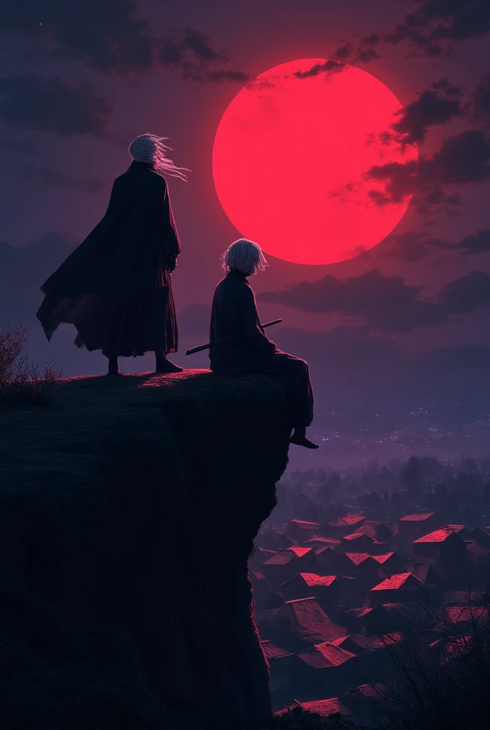 Realistic photo, ultra realistic, Two very powerful ninja, wearing long robe, one standing on a cliff, one sitting lazily on a cliff , red moon, white hair, heroic pose, observing the village below, powerful aura, dark, night, from below