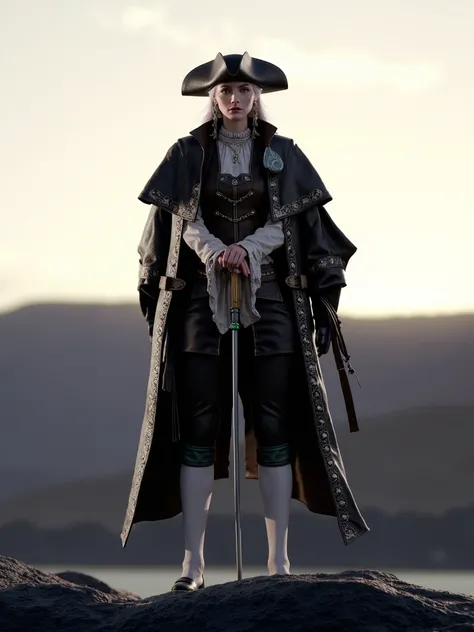 Character: A young woman, a hardened ship captain, stands with unwavering determination atop a rocky outcrop, her gaze focused and unwavering.
Appearance:
Hair: Long, straight, silvery-white hair styled with a center part. It falls past her shoulders, fram...