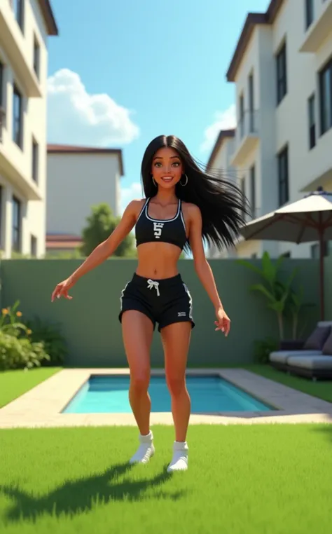 Woman 30 years, long straight black hair, wearing black sports bra with white Victoria’s Secret lower trim name with black sweat shorts and white low socks. At backyard with small square pool with green grass wall in the back and white modern apartments in...