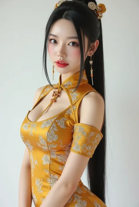 full body shot of a cool girl with a playful expression wearing a stylish modernized Qipao dress. Her outfit seamlessly blends traditional Chinese elements with a contemporary twist. High detail,8k resolution,masterpiece,best quality,intricate details,ray ...