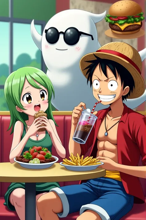 Rimoru tempest with french fries, Luffy with soda and salad, ghost with glasses, ghost with burguer