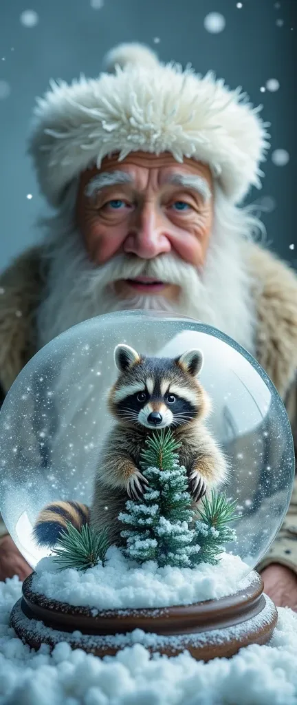 A double exposure photo of a cute, extra fluffy baby raccoon sitting on a Christmas tree in a 4k glass snow globe. The snow globe is placed on a round white hat, similar to a boyars hat. The hat is worn by a man with a long white beard, white hair, blue ey...