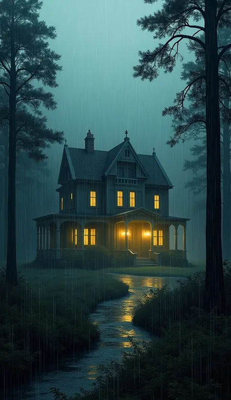 it is raining over a mansion surrounded by trees with yellow light coming out of its window in the middle of the dark forest