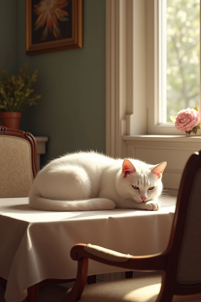 A white cat pregnant, at home in a hall room, clean the table, she is tired, the background is hall room fully furnished