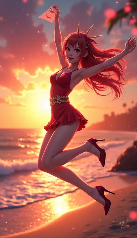 1girl,  solo ,Smile, beach,(Sunset:1.1),  Akagi_Lynn(Denchi project),  solo ,  star hair accessories,  Double Braided Belt , spark, from the side, review, huge Sunset,red floating,  holding an extremely sexy squat written on "Darling I want you"A3 paper,  ...