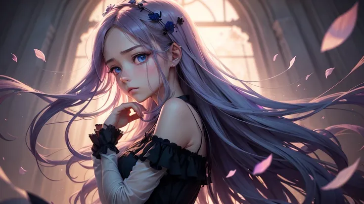 Create an anime-style illustration of a young woman with a melancholic expression, reflecting a broken heart. The girl should have long, flowing hair, and her eyes should convey sadness, as if shes reflecting on a painful memory. She should be surrounded b...