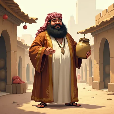 An Arab man, fat, with a mustache, wearing traditional clothes, looking like Juha, holding a jar of linen, illustrations