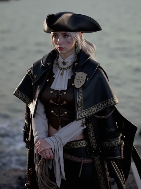 Character: A young woman, a ship captain or noblewoman with a nautical air, stands gracefully at the waters edge, her gaze fixed on the horizon.
Appearance:
Hair: Long, straight, silvery-white hair styled with a center part. It falls loosely around her sho...