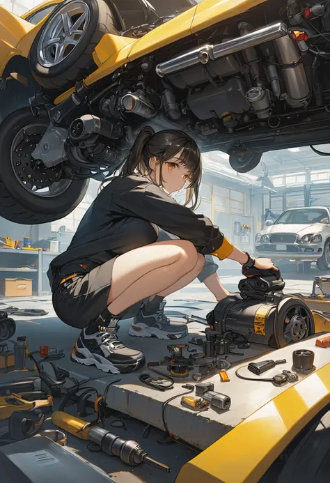 The image depicts a person working on a car engine, likely in a garage or workshop setting. The individual is dressed casually in a crop top, shorts, and sneakers, suggesting a focus on comfort and functionality for the task at hand. The scene emphasizes a...