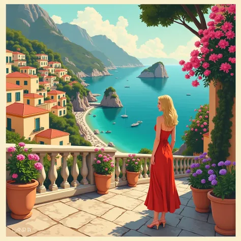 Vintage 1920s illustration travel poster of Capri, Italy, showcasing a charming coastal scene. The image features a picturesque hillside with colorful Mediterranean buildings adorned with blooming flowers in shades of pink and purple. A 35 years old blonde...