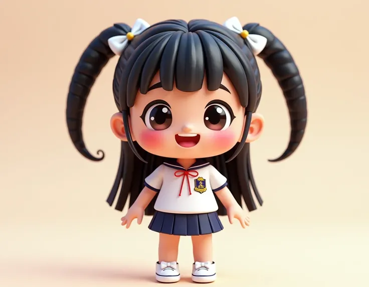 Create a 3D chibi-style character of a schoolgirl named An An. She has long, neatly tied hair with a cute bow. Her face is cheerful with bright, intelligent eyes, exuding kindness and enthusiasm. She wears a white school uniform shirt with the school badge...