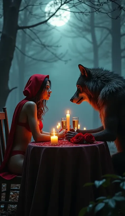  Red riding hood in a red mini bikini is sitting at the table with a wolf, drinking champagne , the table is decorated with candles and red roses , dark forest, moon, fog, horror, romance