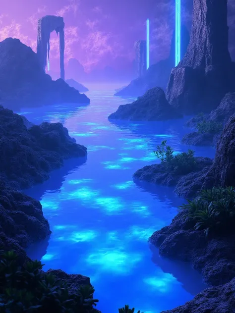 Otherworldly lake surrounded by futuristic flora | water glowing with soft, shifting light patterns | surreal geometric structures rising from the depths | vibrant colors inspired by bioluminescence, with glowing blues and purples dominating | soft mist fl...