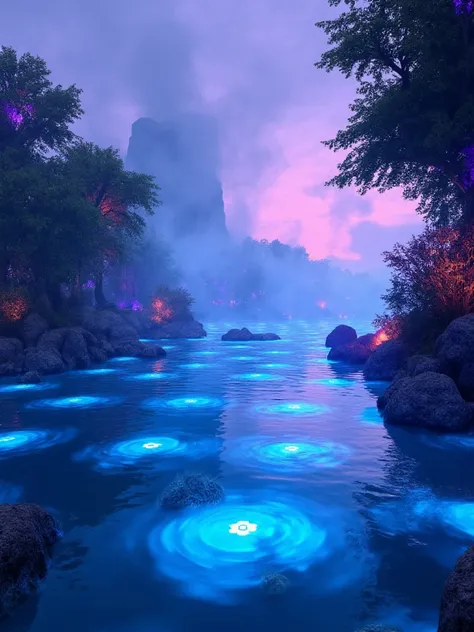 Otherworldly lake surrounded by futuristic flora | water glowing with soft, shifting light patterns | surreal geometric structures rising from the depths | vibrant colors inspired by bioluminescence, with glowing blues and purples dominating | soft mist fl...