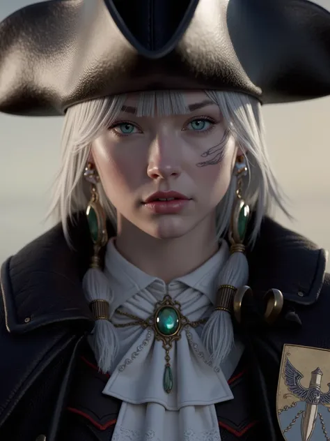 Character: A young woman, likely a ship captain or noble with a connection to the sea, stares directly at the viewer with an unwavering gaze.
Appearance:
Hair: Long, straight, silvery-white hair styled with a center part. The hair appears soft and well-mai...