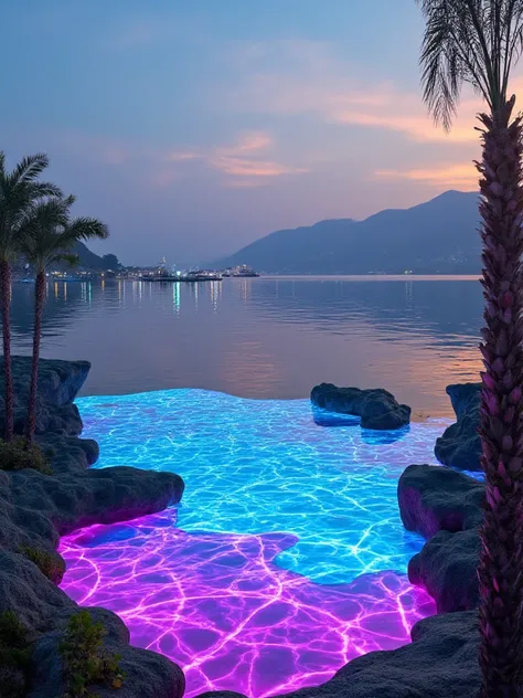 Serene, futuristic lake at twilight | glowing, translucent water with intricate light patterns pulsing gently | surrounded by oversized, abstract plants with metallic textures | distant floating structures reflecting soft neon lights onto the lake | surrea...