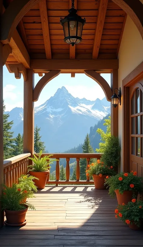 A porch with a high ceiling
Rustic style 
Decorating flower pots and plants
A beautiful mountain landscape in the background