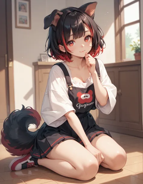 Cute anime adult puppy girl on her knees with one hand held up in front of her chest with short black hair with red highlights and red eyes, dog ears and a fluffy tail