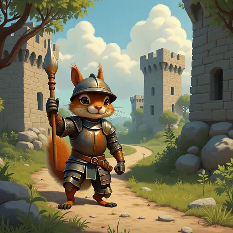 In the third castle , , the Castle of Will and Boldness , , a squirrel named Chipmunk showed him how to be courageous .  illustration:  The Chipmunk, leading the knight through the castle in rusty armor with his head covered by his rusty hinge..  to make a...