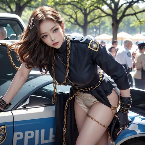 nsfw、   panoramic view angle   、PussyReal 、Breast Real、  Masterpiece 、It is  Its high definition  .、Photo woman、   detailed digital illustration  、  high tail hair style   、Wavy long hair、  shiny hair、((Handcuffed 、Naked in a police officer costume :1.6))、...