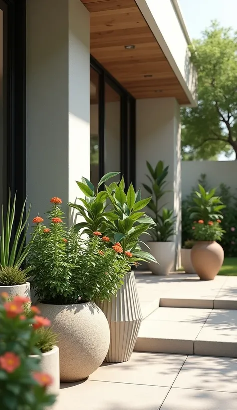 A realistic porch
Modern style
Decorating flower pots and plants
Broad view