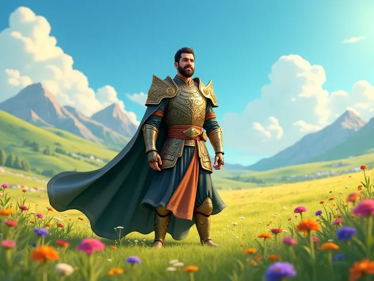 "Bijan, the hero of the epic Persian Shahnameh, stands proudly in a vast green meadow under a bright blue sky. He wears traditional Iranian armor adorned with intricate patterns, a long robe, and a flowing sash that reflect the era of the Shahnameh. Bijans...