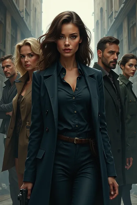 A detective group. In the middle is the fifierce female leader. Beside her is the tech expert woman, history expert woman,forensics guy and ex-cop guy.