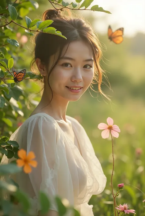 ，Masterpiece, Best quality，8k,  super high resolution，Reallightandshadow，Cinema lenses，(beautidful eyes:1.1)， ((中景 the scene is，The upper part of the body))，dynamicposes，On a green meadow，The gentle goddess came with gentle steps。She wore a white dress，A g...