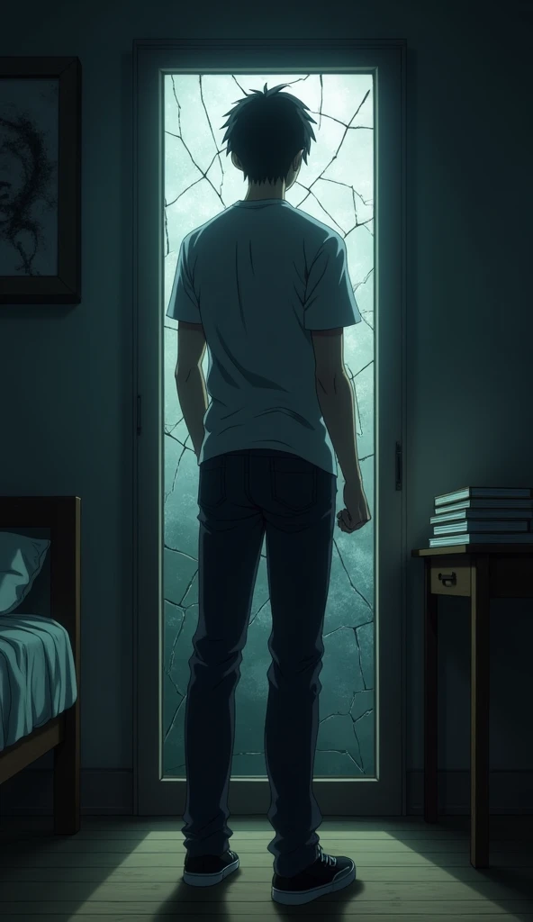 Haruto looks at himself in a cracked mirror in his small, dimly lit room. His face reflects determination as he clenches his fist, vowing to change his life. The room is sparse, with a small bed and a stack of books on a wooden desk. The anime-style lighti...