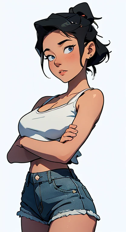 Fmasterpiece, best quality, full body,1girl,the highest image quality, 21-year-old woman, looks like Olivia Dunne, very black hair, tomboyish hairstyle, grey eyes, wearing a white croptop and denim shorts, large breasts, White background, empty background ...