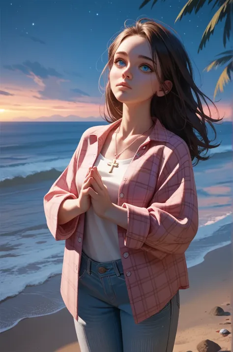 1girl, white, epicanthal folds, big blue eyes, long dark brown hair down, petite build, medium breasts, oversized pink flannel, loose jeans, on the beach, night, cross necklace, praying