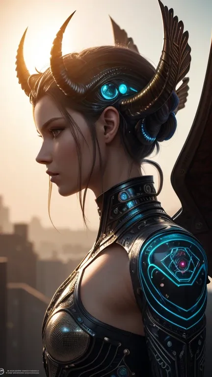 This concept art depicts a hybrid humanoid androgyne muse, adorned with recursive, horned wings extending from the side of their head. The alien-like figure is characterized by sculpted, iridescent glass features, intricate detailing, and an asymmetrical d...